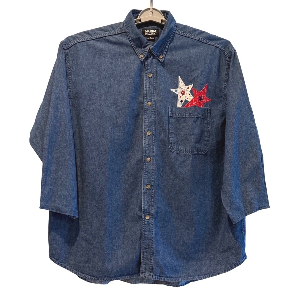 Sierra Pacific Denim‎ Shirt Women XL 3/4 Sleeve Button Down Stars Pocket